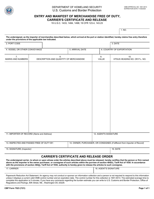 CBP Form 7523 Entry and Manifest of Merchandise Free of Duty, Carrier&#039;s Certificate and Release