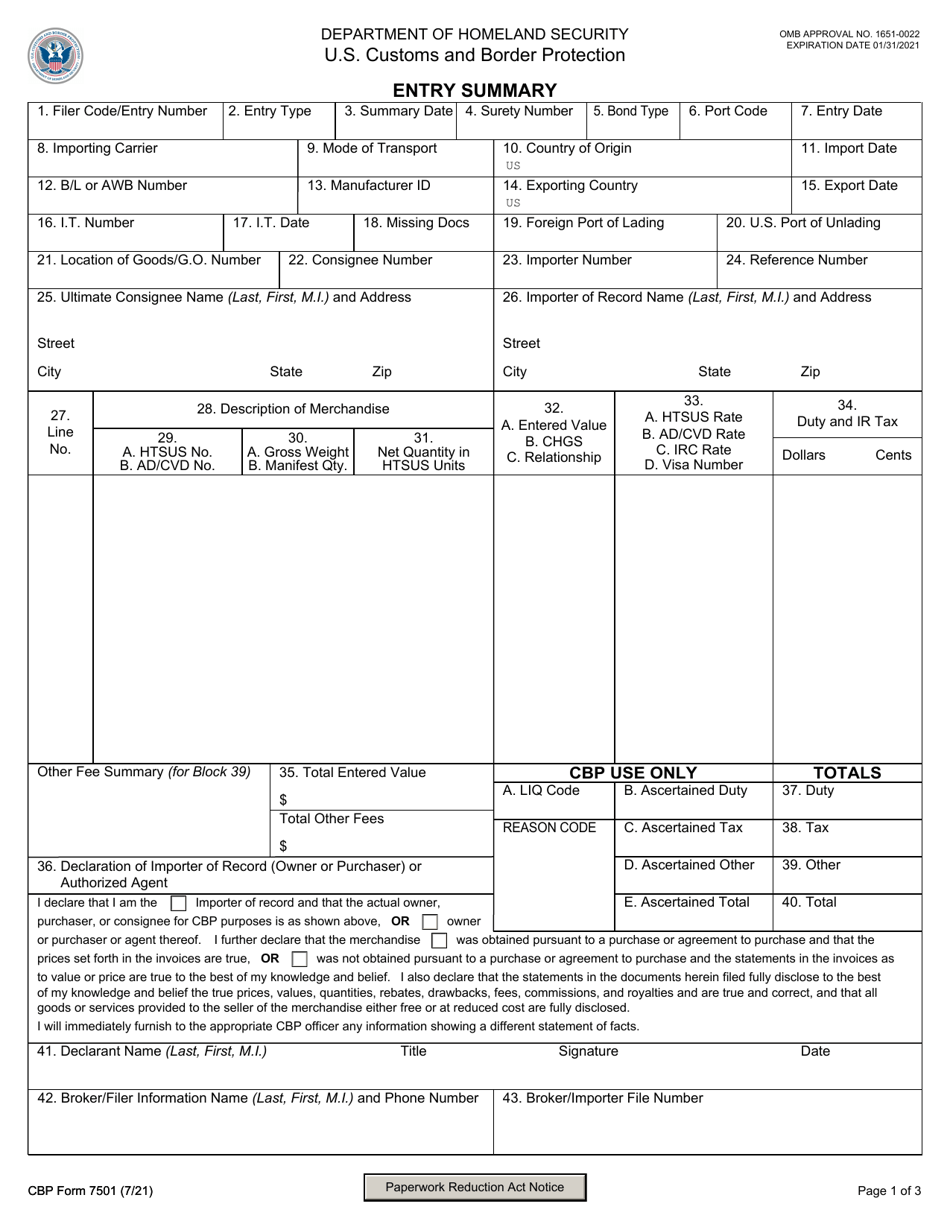 CBP Form 7501 Entry Summary, Page 1