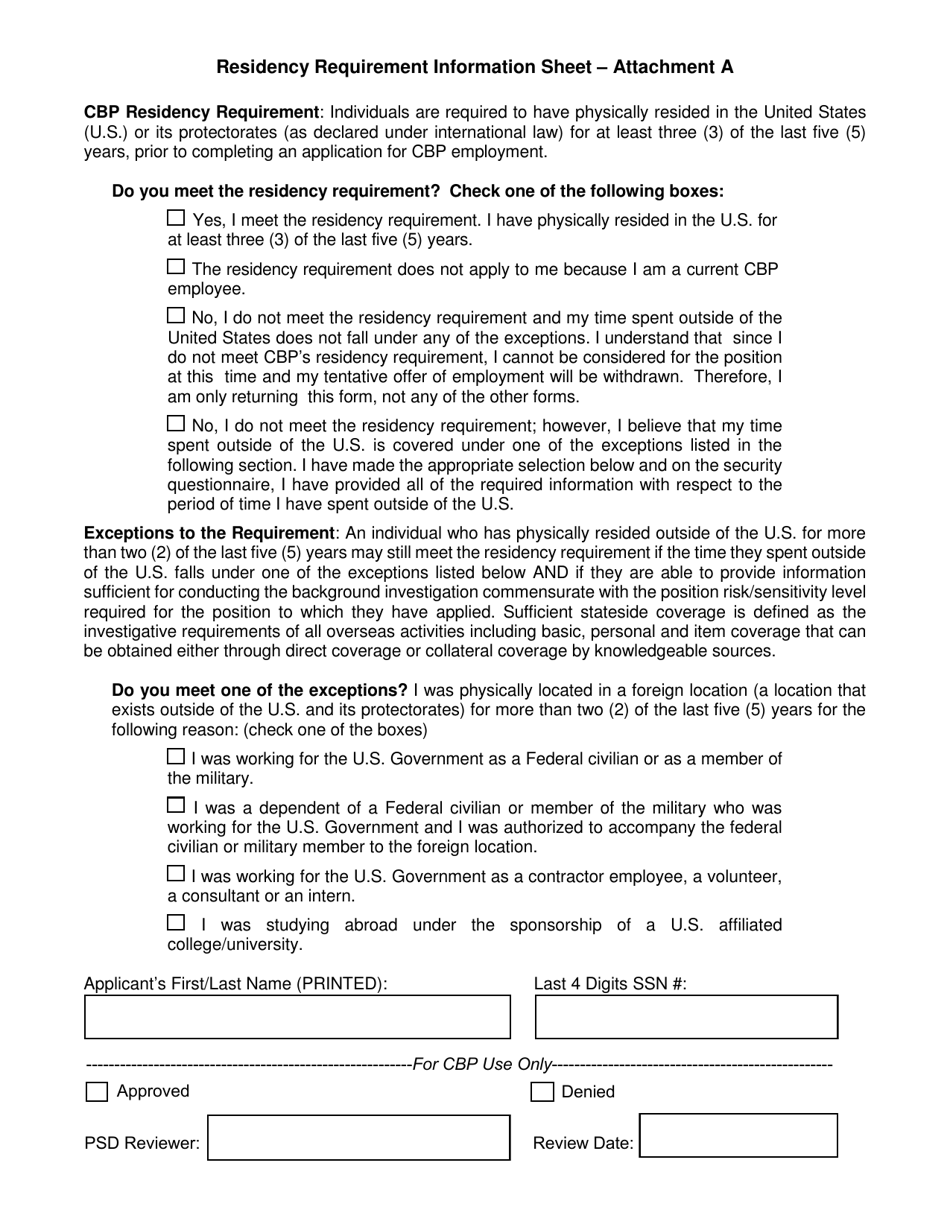 Attachment A Residency Requirement Information Sheet, Page 1