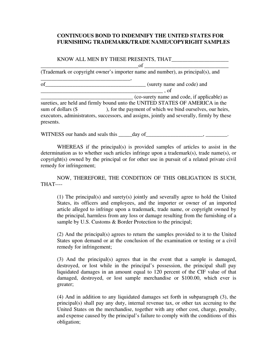Continuous Bond to Indemnify the United States for Furnishing Trademark / Trade Name / Copyright Samples, Page 1