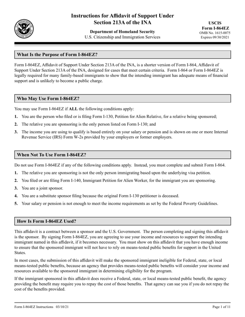 USCIS Form I-864EZ  Printable Pdf