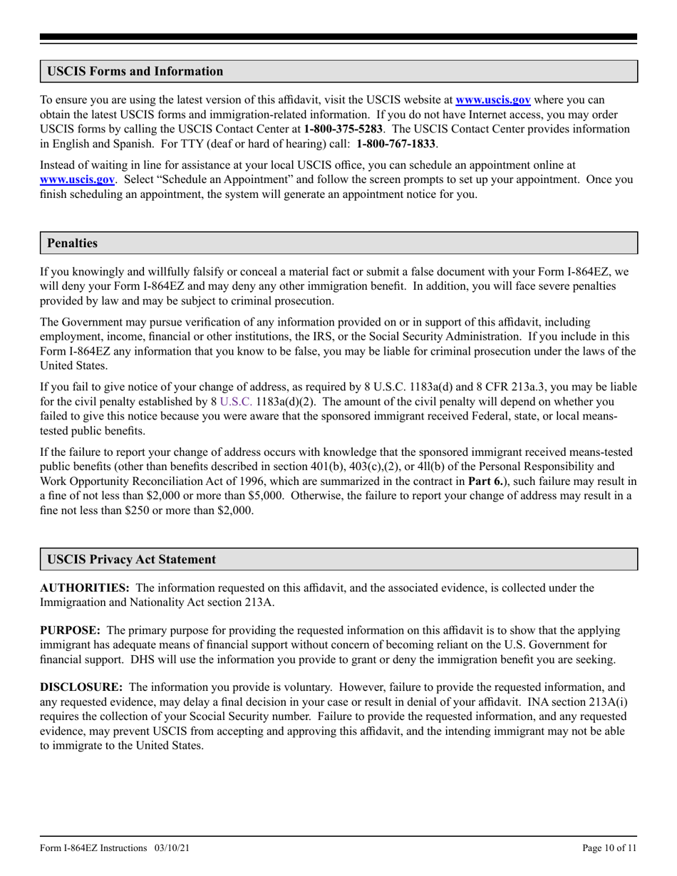 Instructions for USCIS Form I-864EZ Affidavit of Support Under Section 213a of the Ina, Page 10
