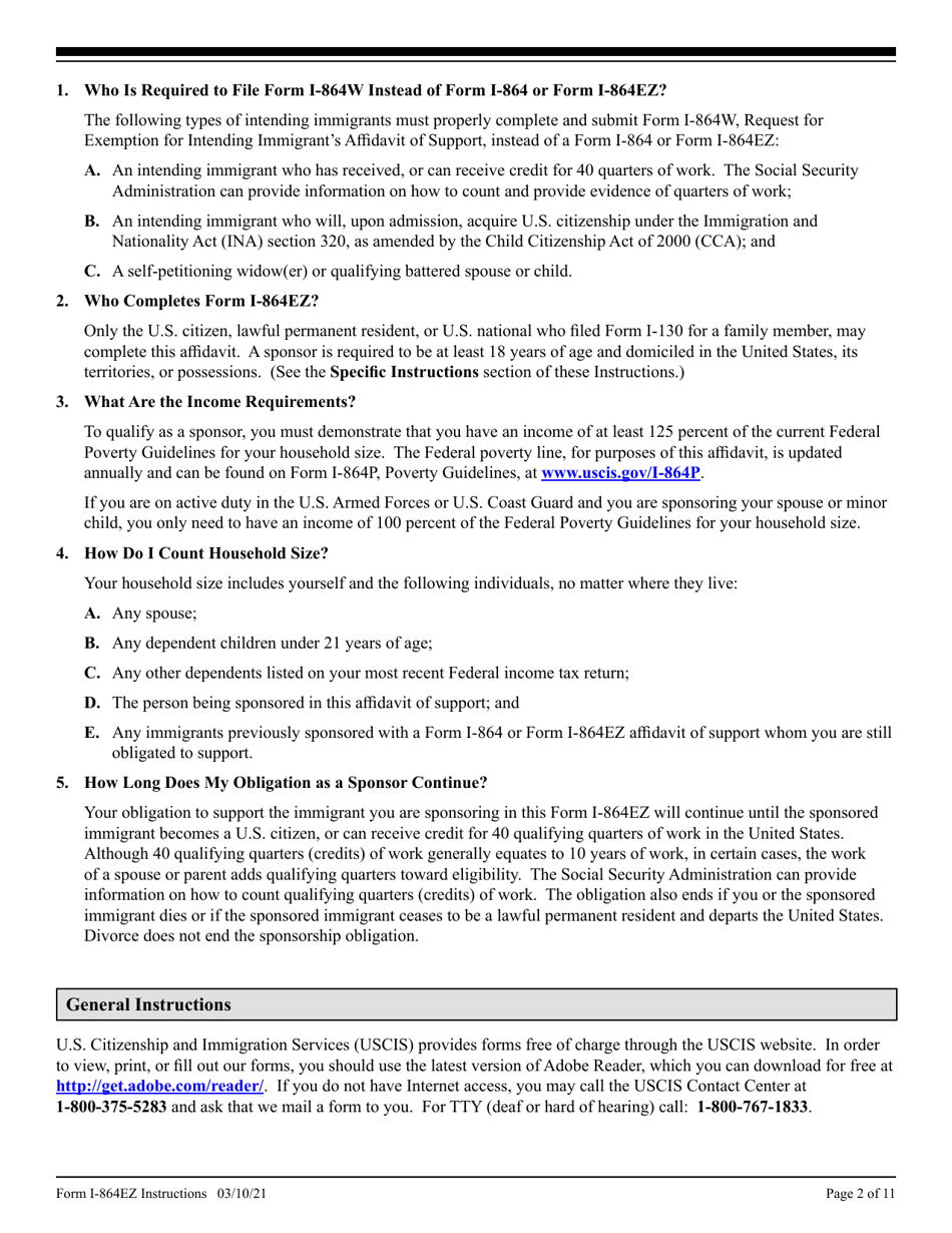 Instructions for USCIS Form I-864EZ Affidavit of Support Under Section 213a of the Ina, Page 2