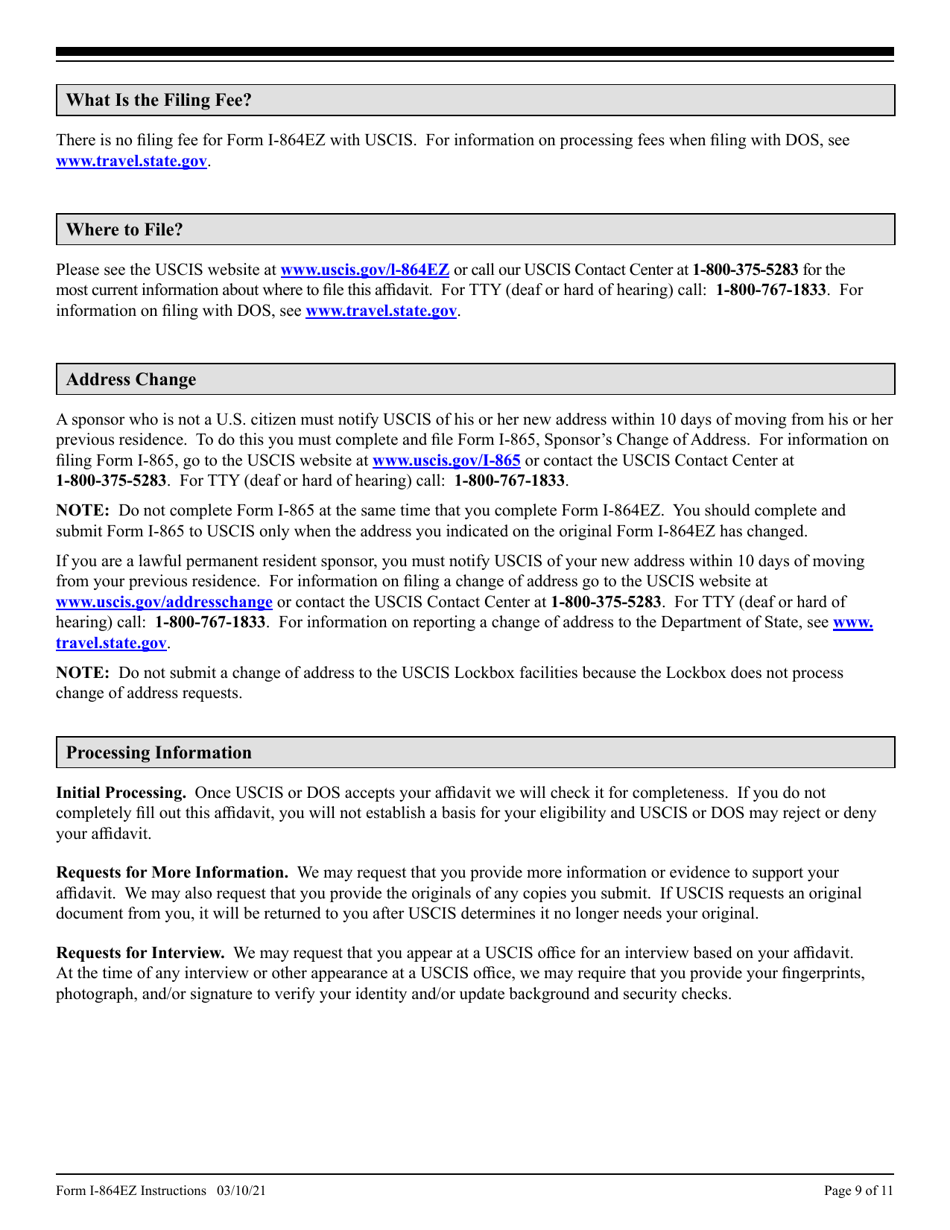 Instructions for USCIS Form I-864EZ Affidavit of Support Under Section 213a of the Ina, Page 9