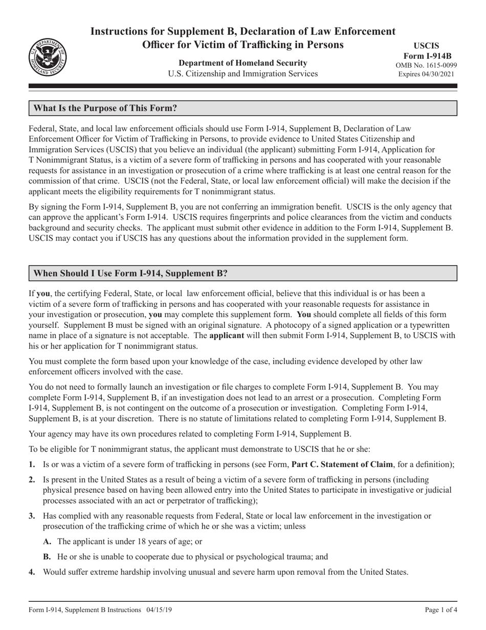 Instructions for USCIS Form I-914 Supplement B Declaration of Law Enforcement Officer for Victim of Trafficking in Persons, Page 1