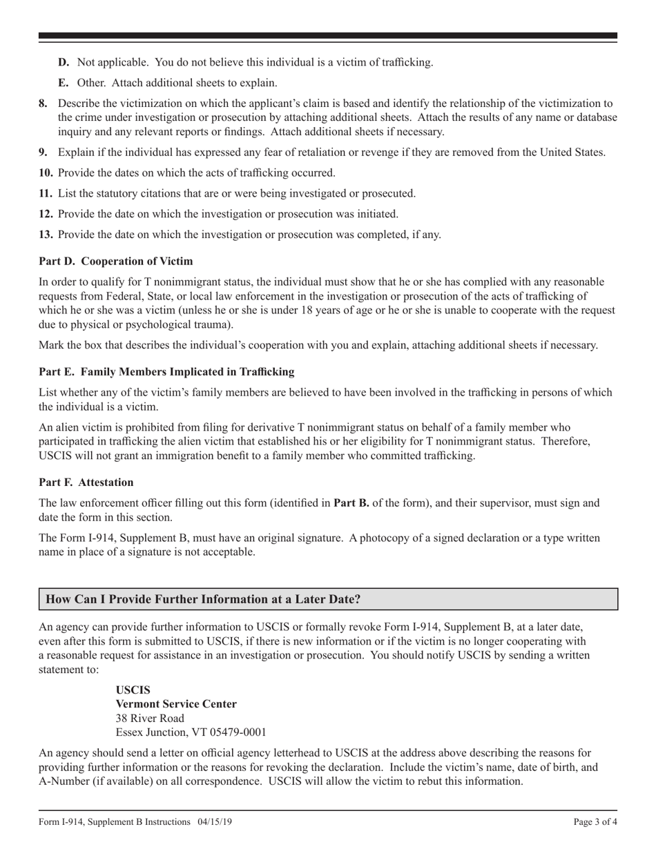 Instructions for USCIS Form I-914 Supplement B Declaration of Law Enforcement Officer for Victim of Trafficking in Persons, Page 3