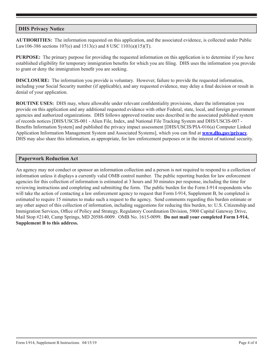 Instructions for USCIS Form I-914 Supplement B Declaration of Law Enforcement Officer for Victim of Trafficking in Persons, Page 4