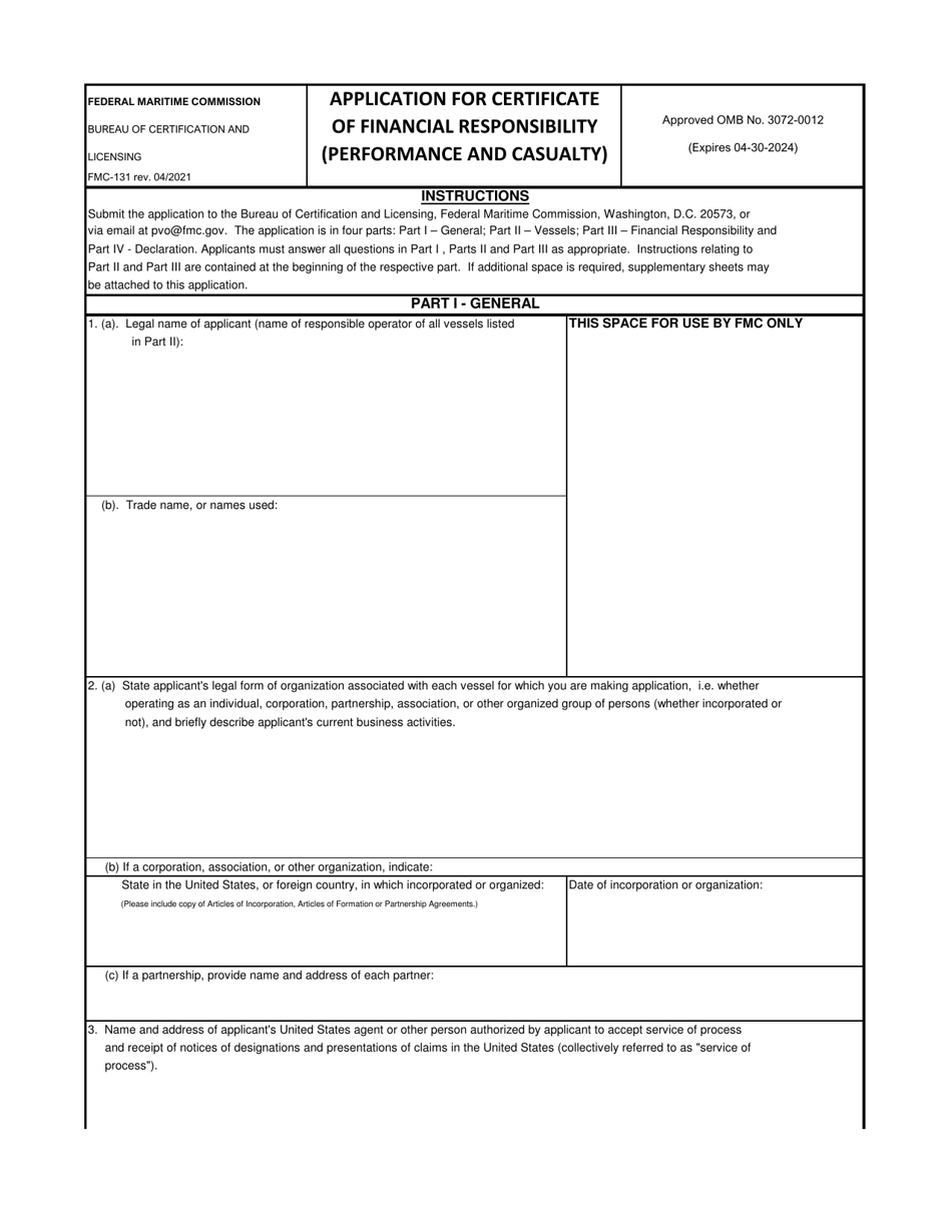 Form FMC-131 Application for Certificate of Financial Responsibility, Page 1