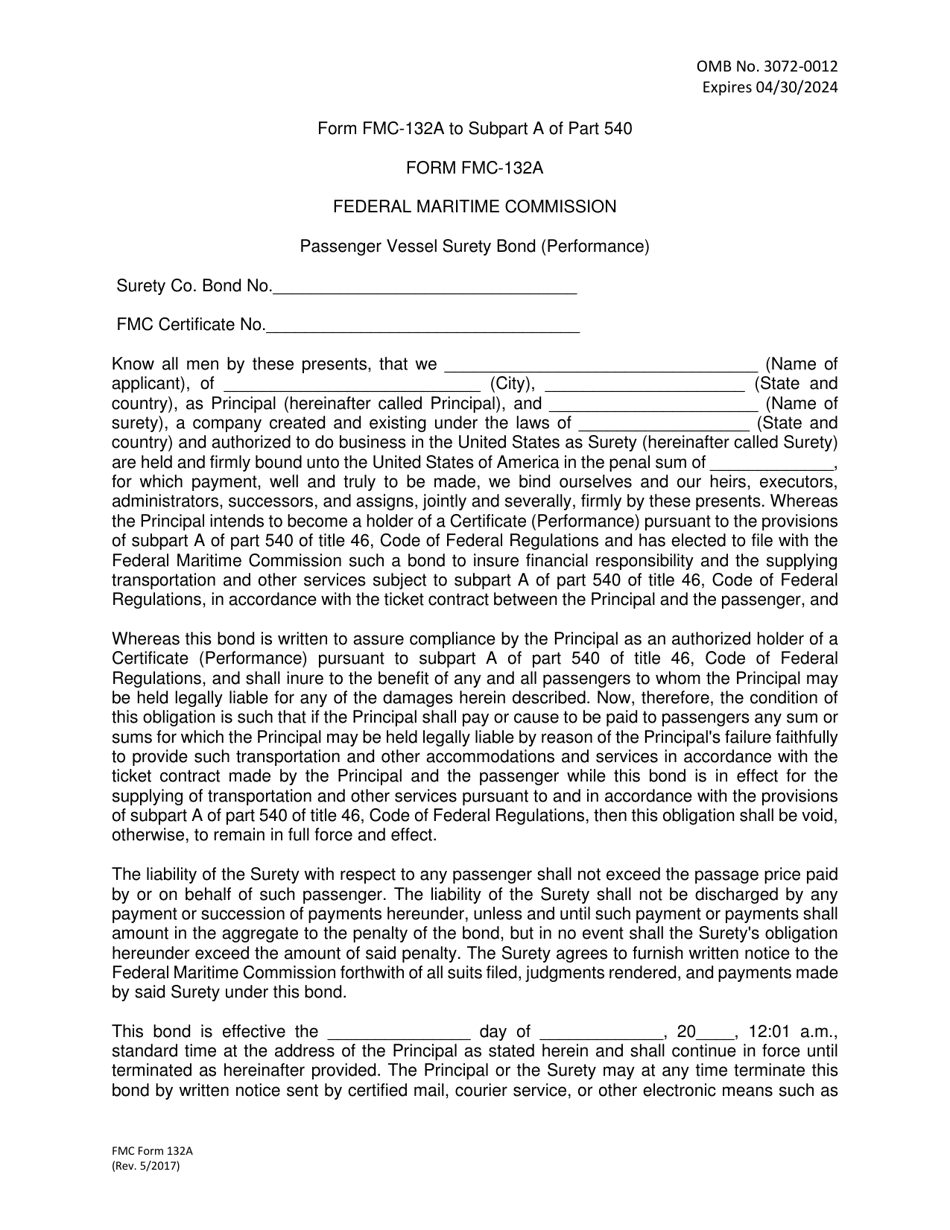 Form FMC-132A Passenger Vessel Surety Bond (Performance), Page 1