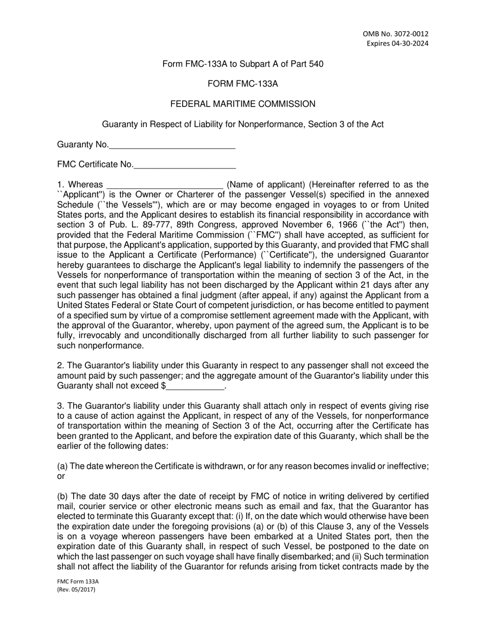 Form FMC-133A Guaranty in Respect of Liability for Nonperformance, Section 3 of the Act, Page 1