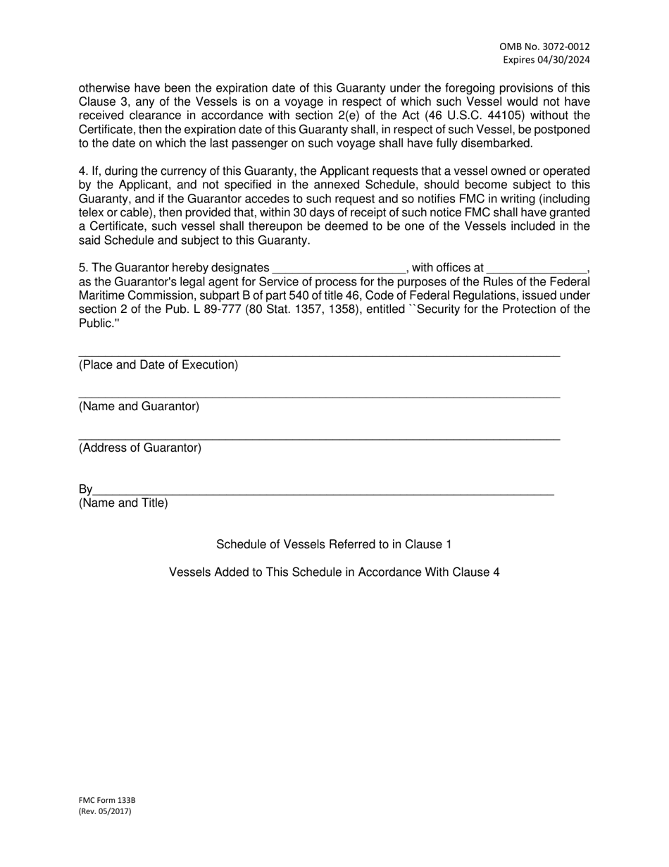 Form FMC-133B Guaranty in Respect of Liability for Death or Injury, Section 2 of the Act (46 U.s.c. 44101, 44103-44106), Page 2