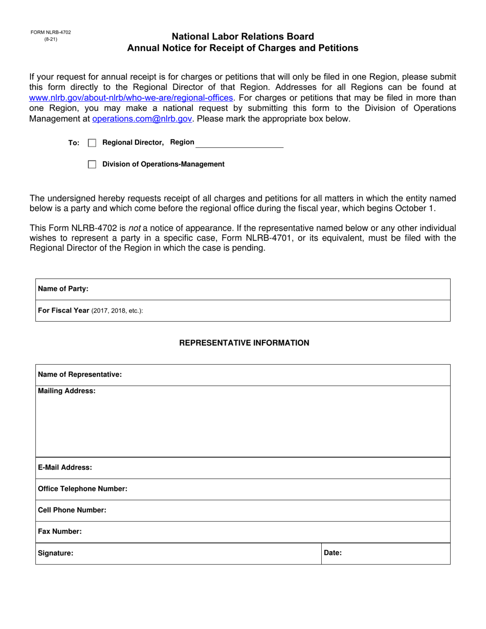 Form NLRB-4702 Annual Notice for Receipt of Charges and Petitions, Page 1
