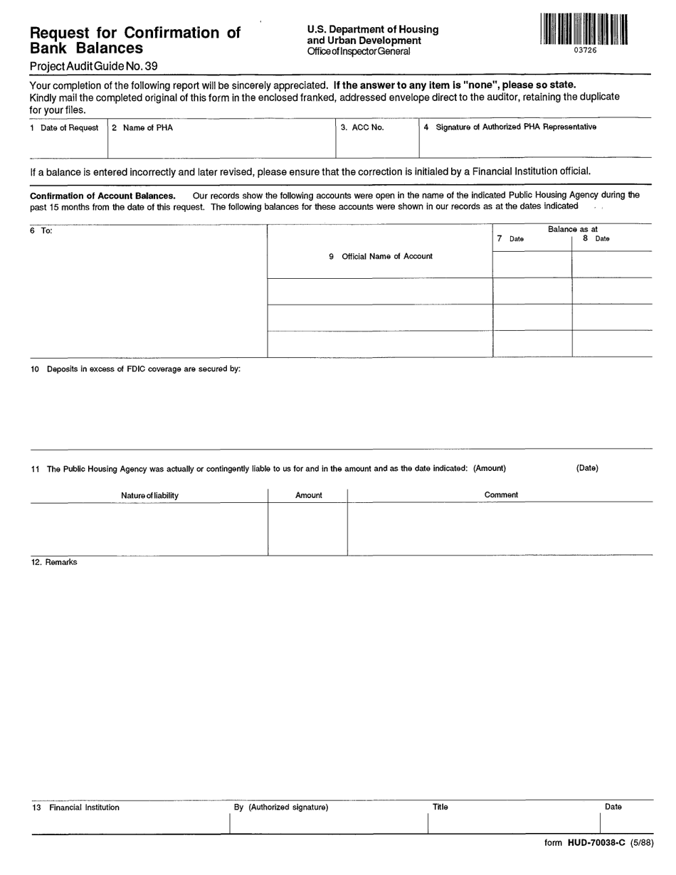 Form HUD-70038-C Request for Confirmation of Bank Balances, Page 1