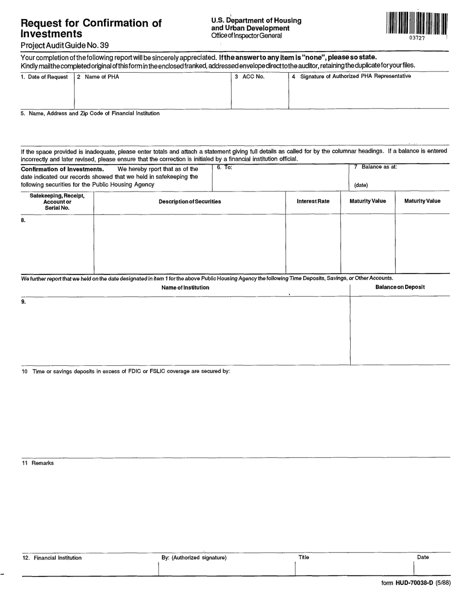 Form HUD-70038-D Request for Confirmation of Investments, Page 1