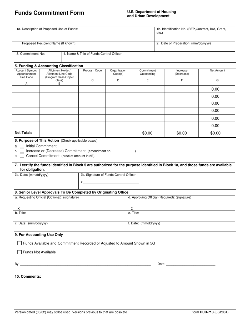 Form HUD-718 Funds Commitment Form, Page 1