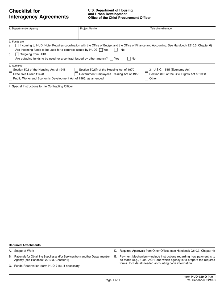 Form HUD-720-D Checklist for Interagency Agreements, Page 1