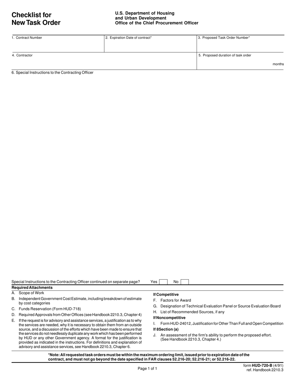 Form HUD-720-B Checklist for New Task Order, Page 1