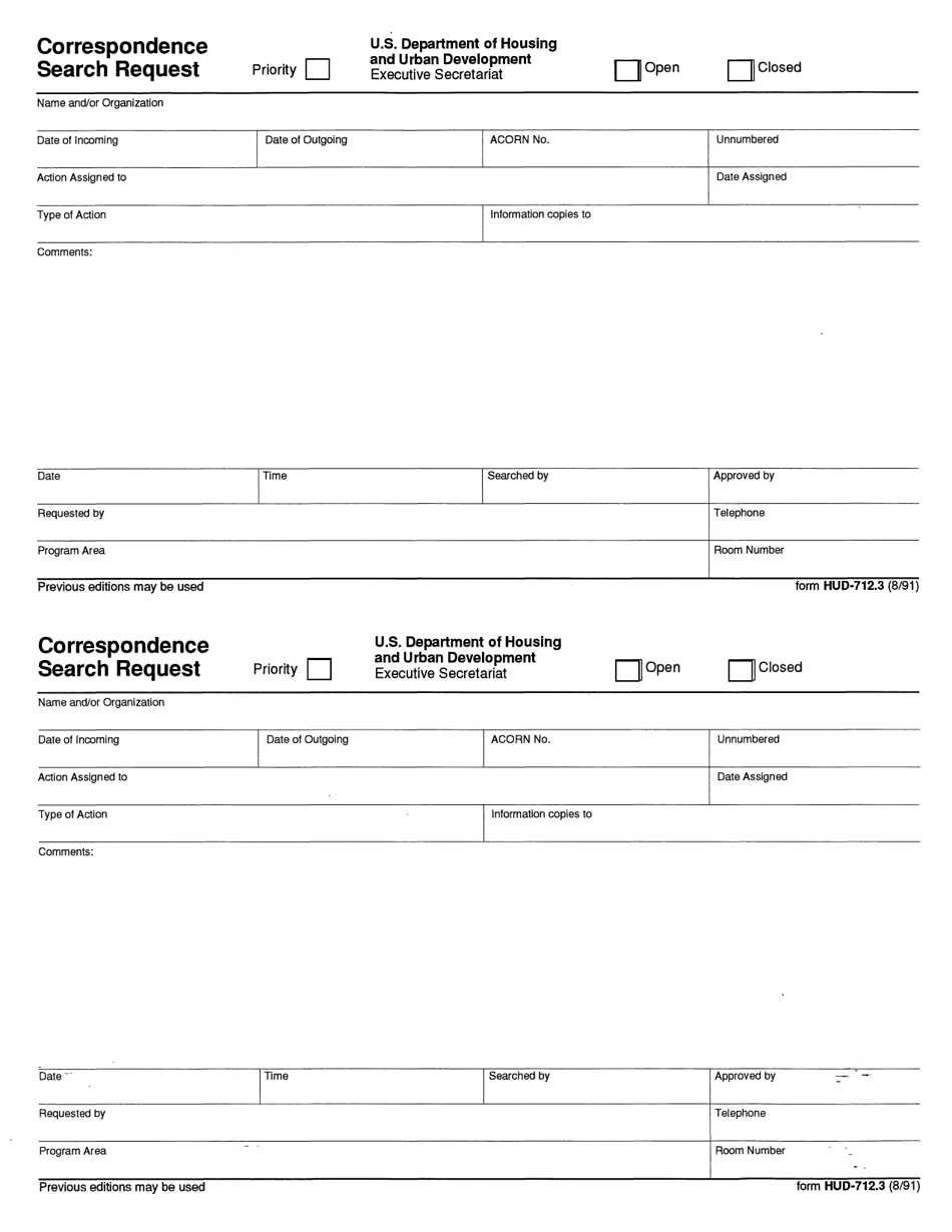 Form HUD-712.3 Correspondence Search Request, Page 1