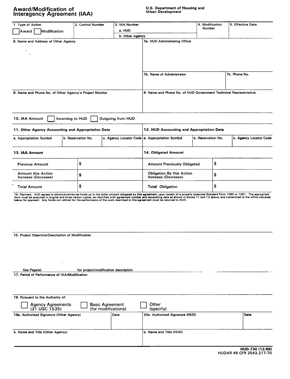 Form HUD-730 Award / Modification of Interagency Agreement (Iaa), Page 1