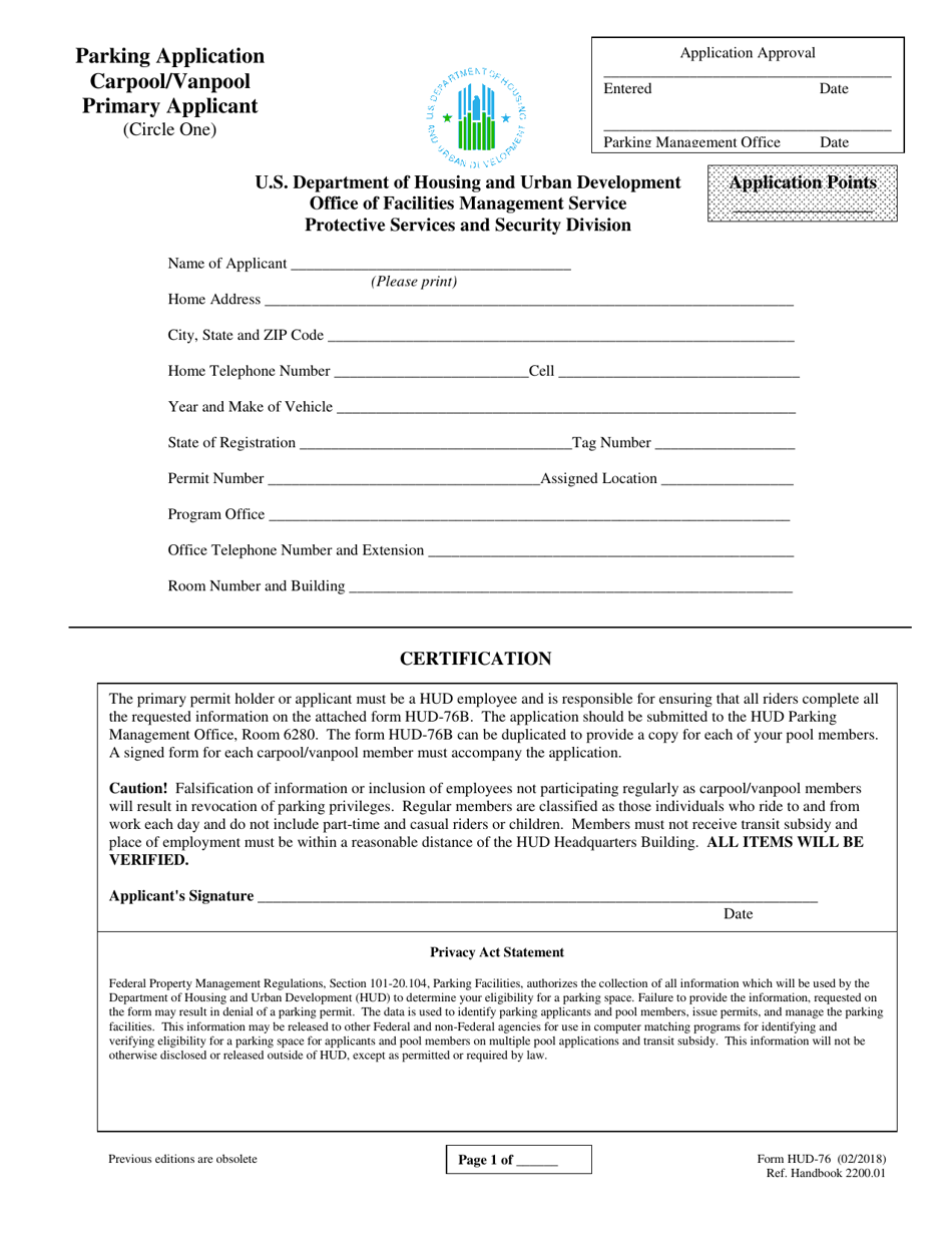 Form HUD-76 Parking Application Carpool / Vanpool Primary Applicant, Page 1