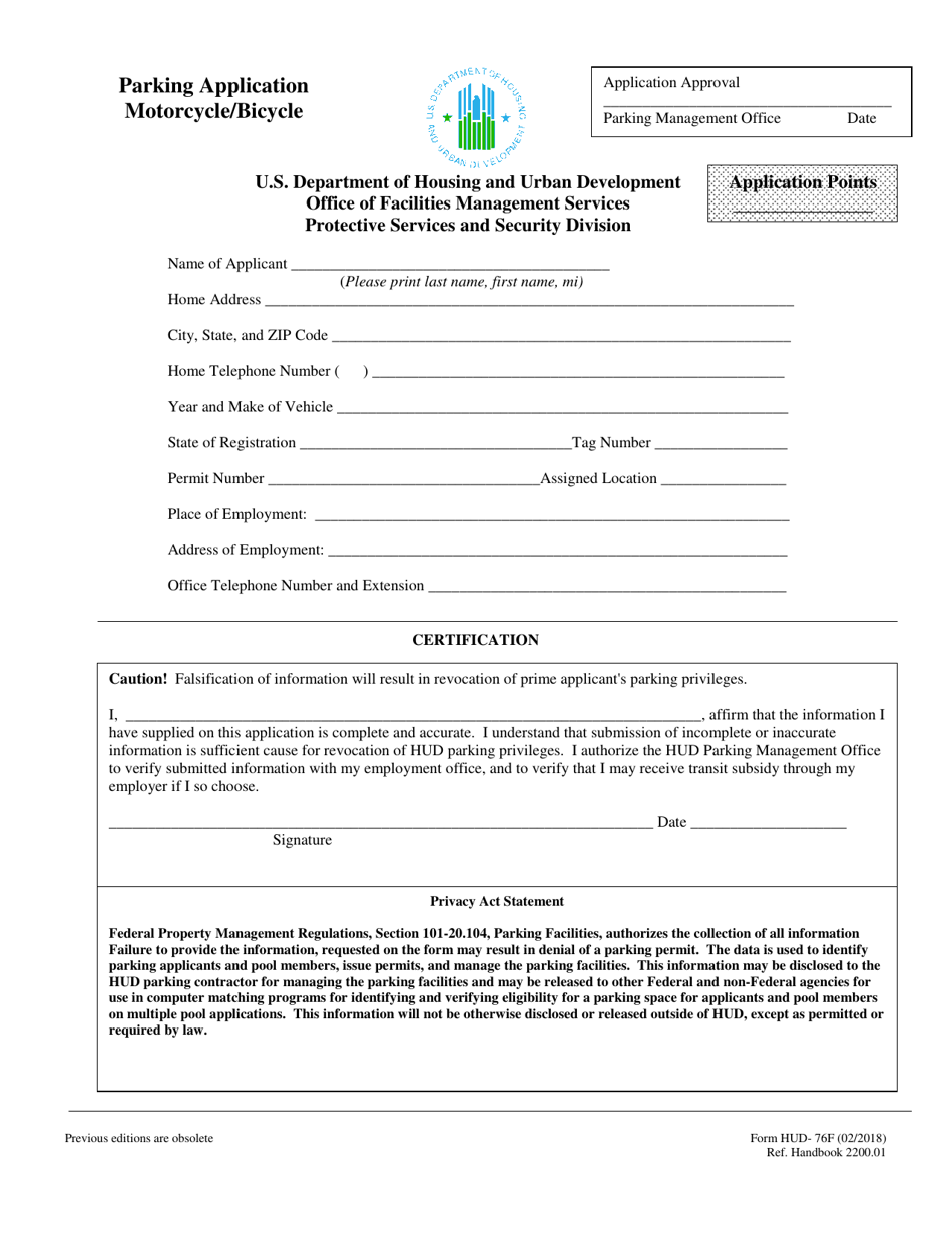Form HUD-76F Parking Application Motorcycle / Bicycle, Page 1