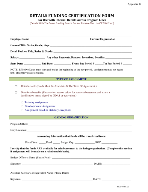 Form HUD-733 Appendix B Details Funding Certification Form