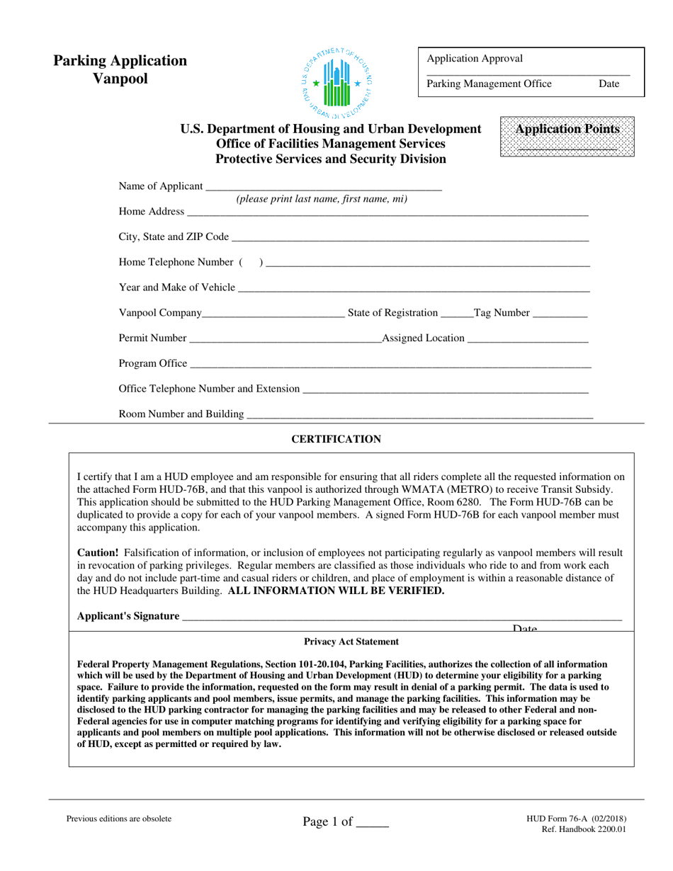 Form HUD-76A Parking Application Vanpool, Page 1