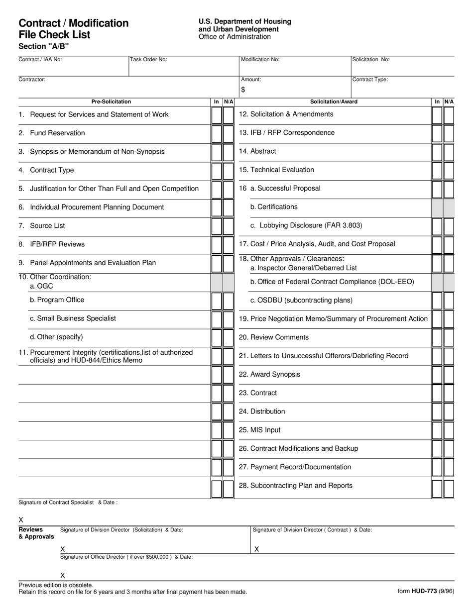 Form HUD-773 Contract / Modification File Check List, Page 1