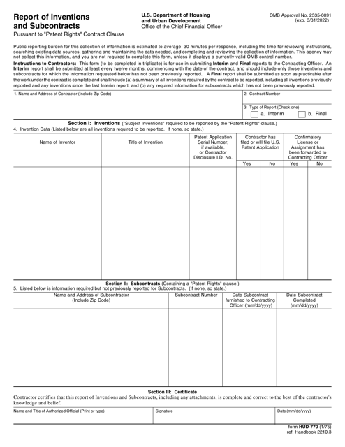 Form HUD-770 Report of Inventions and Subcontracts