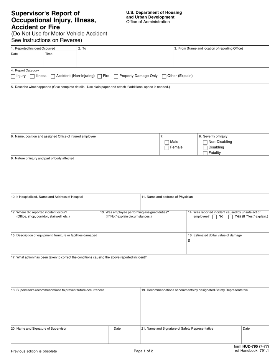 Form HUD-795 Supervisors Report of Occupational Injury, Illness, Accident or Fire, Page 1