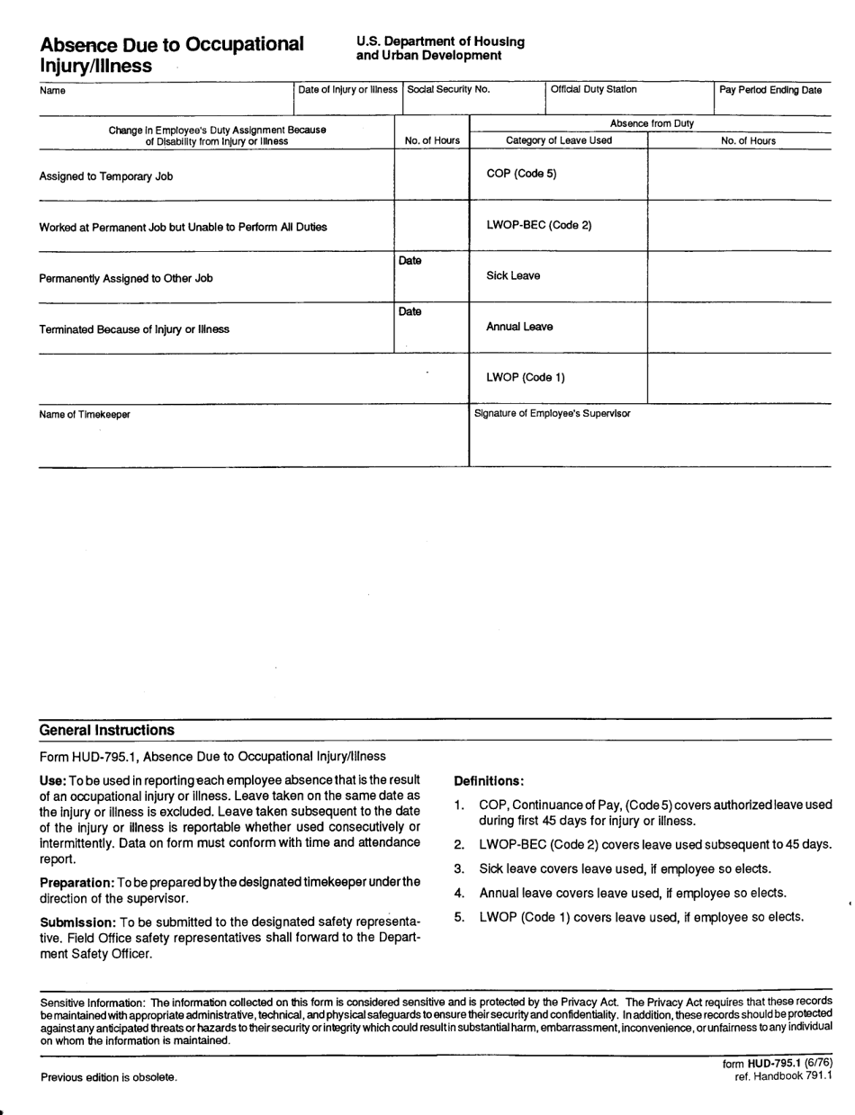 Form HUD-795.1 Absence Due to Occupational Injury / Illness, Page 1