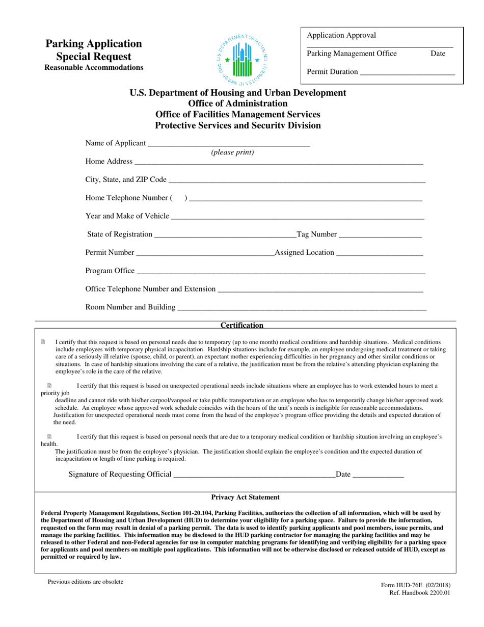 Form HUD-76E Parking Application Special Request, Page 1