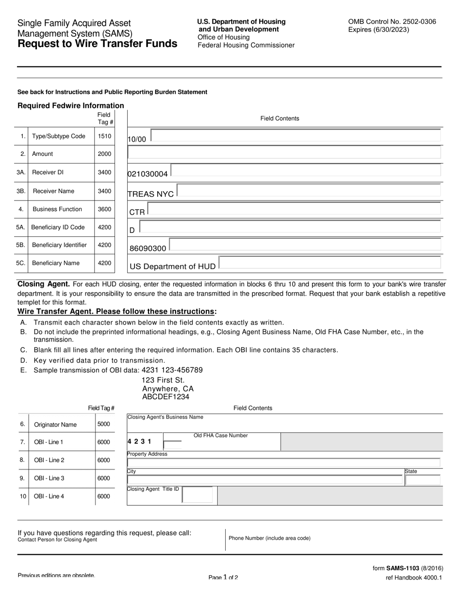 Form SAMS-1103 Request to Wire Transfer Funds, Page 1