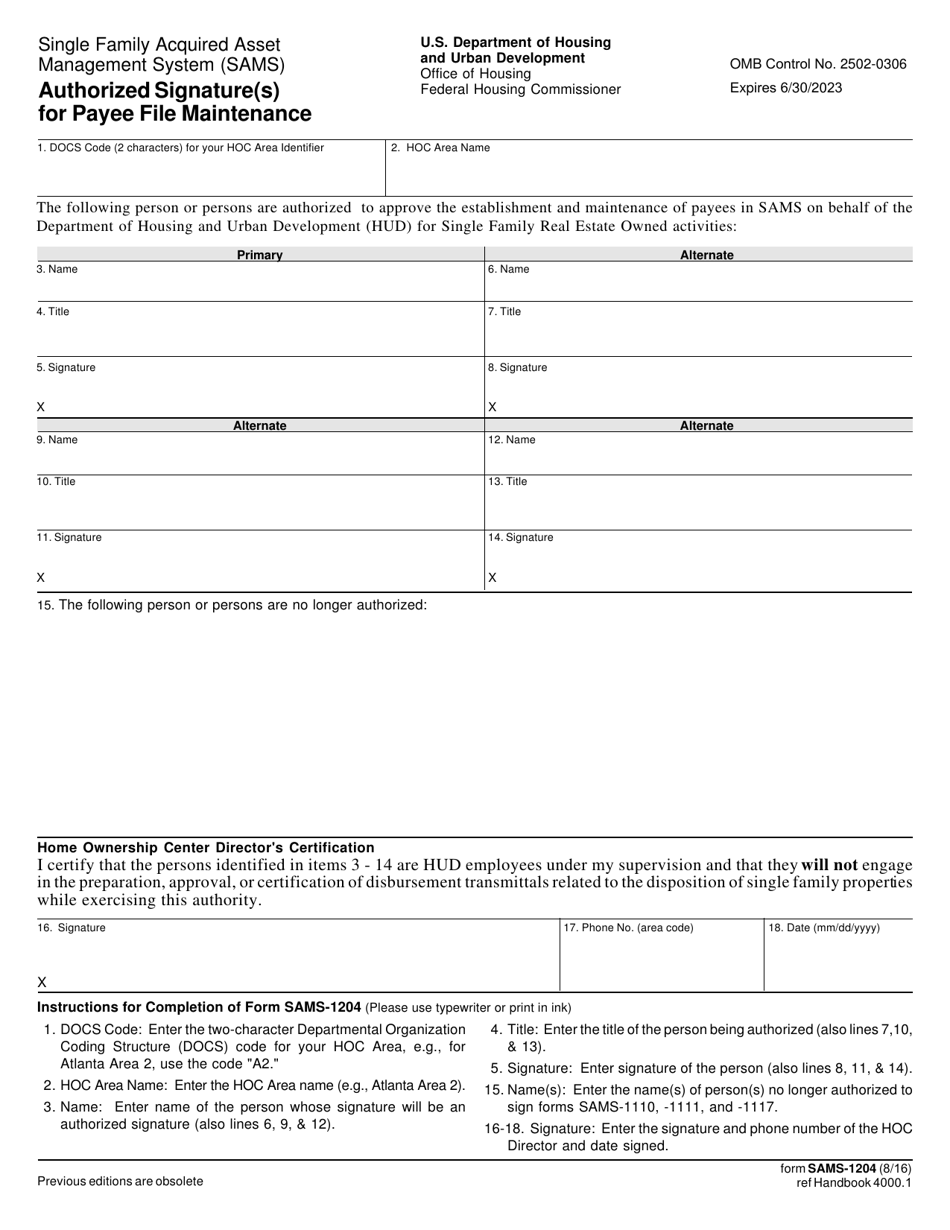 Form SAMS-1204 Authorized Signature(S) for Payee File Maintenance, Page 1
