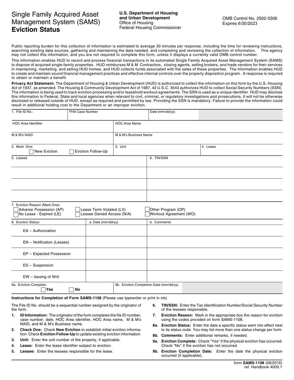 Form SAMS-1108 Eviction Status, Page 1
