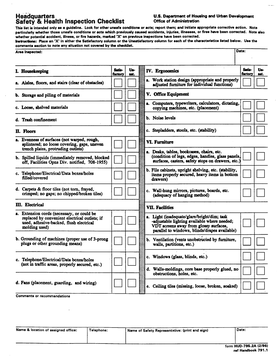 Form HUD-795.2A Headquarters Safety  Health Inspection Checklist, Page 1
