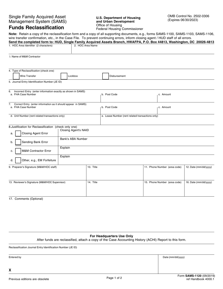 Form SAMS-1120 Funds Reclassification, Page 1