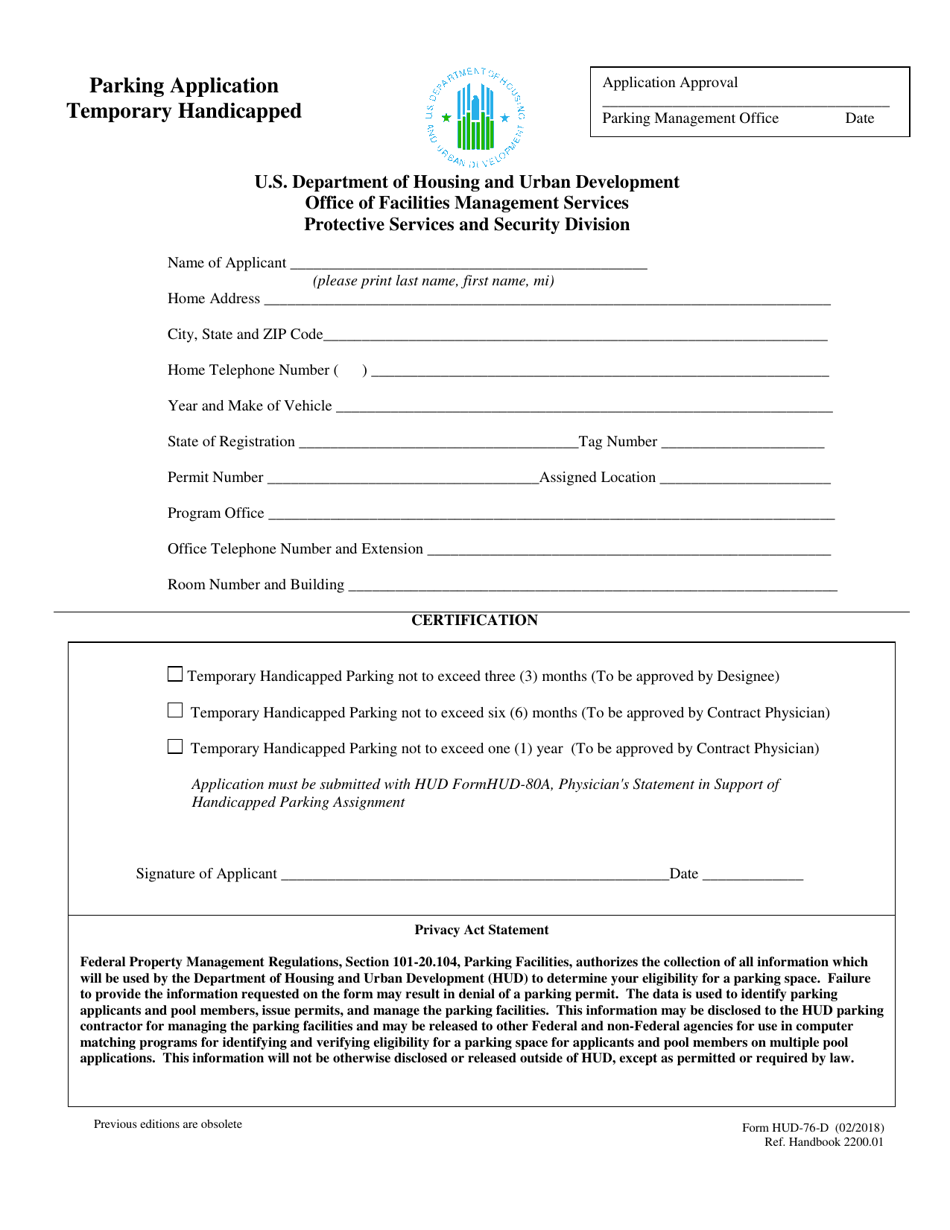 Form HUD-76D Parking Application Temporary Handicapped, Page 1