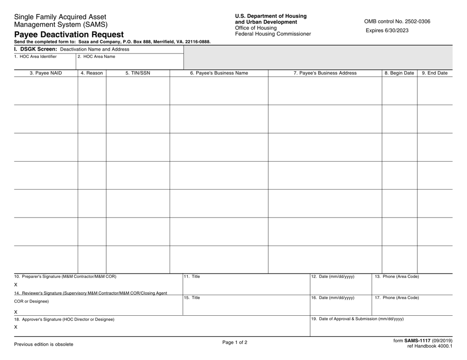 Form SAMS-1117 Payee Deactivation Request, Page 1