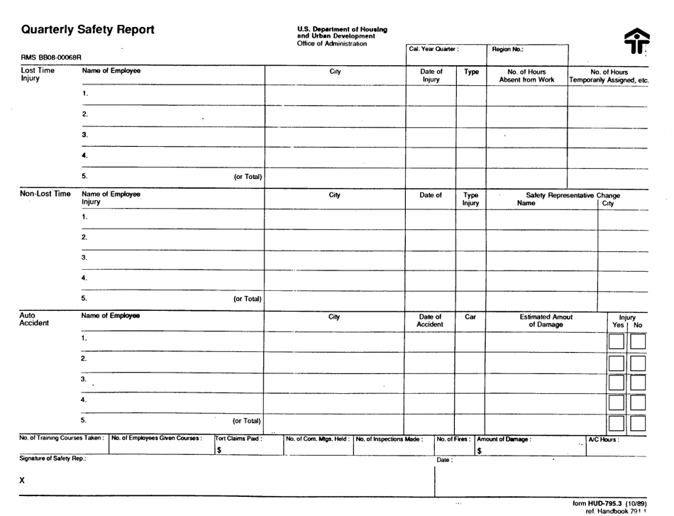 Form HUD-795.3 Quarterly Safety Report, Page 1