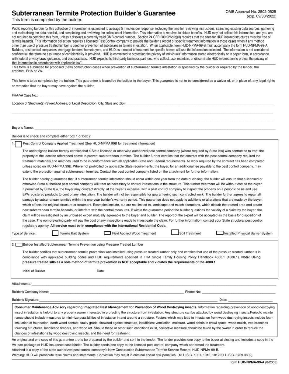 Form HUD-NPMA-99-A Subterranean Termite Protection Builders Guarantee, Page 1