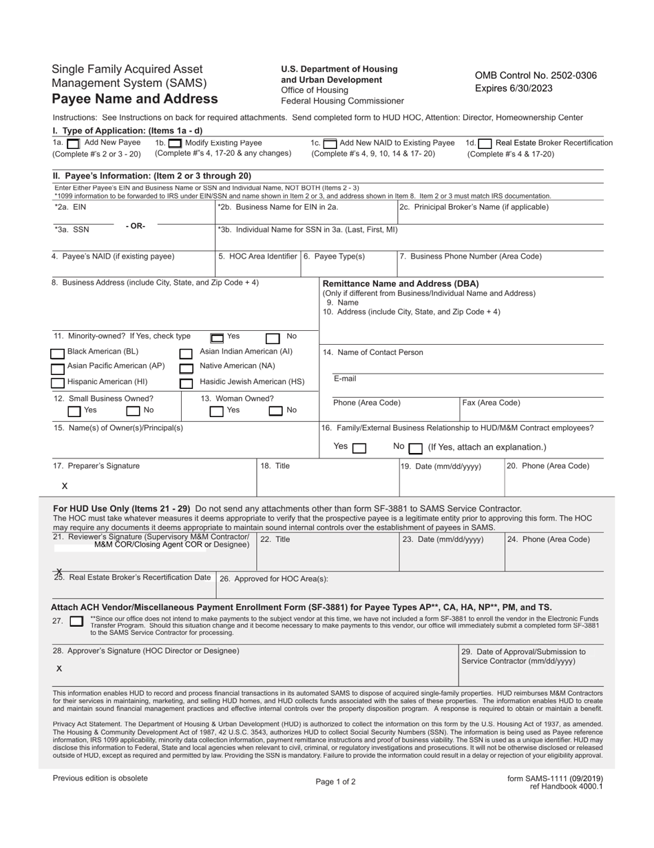 Form SAMS-1111 - Fill Out, Sign Online and Download Fillable PDF ...