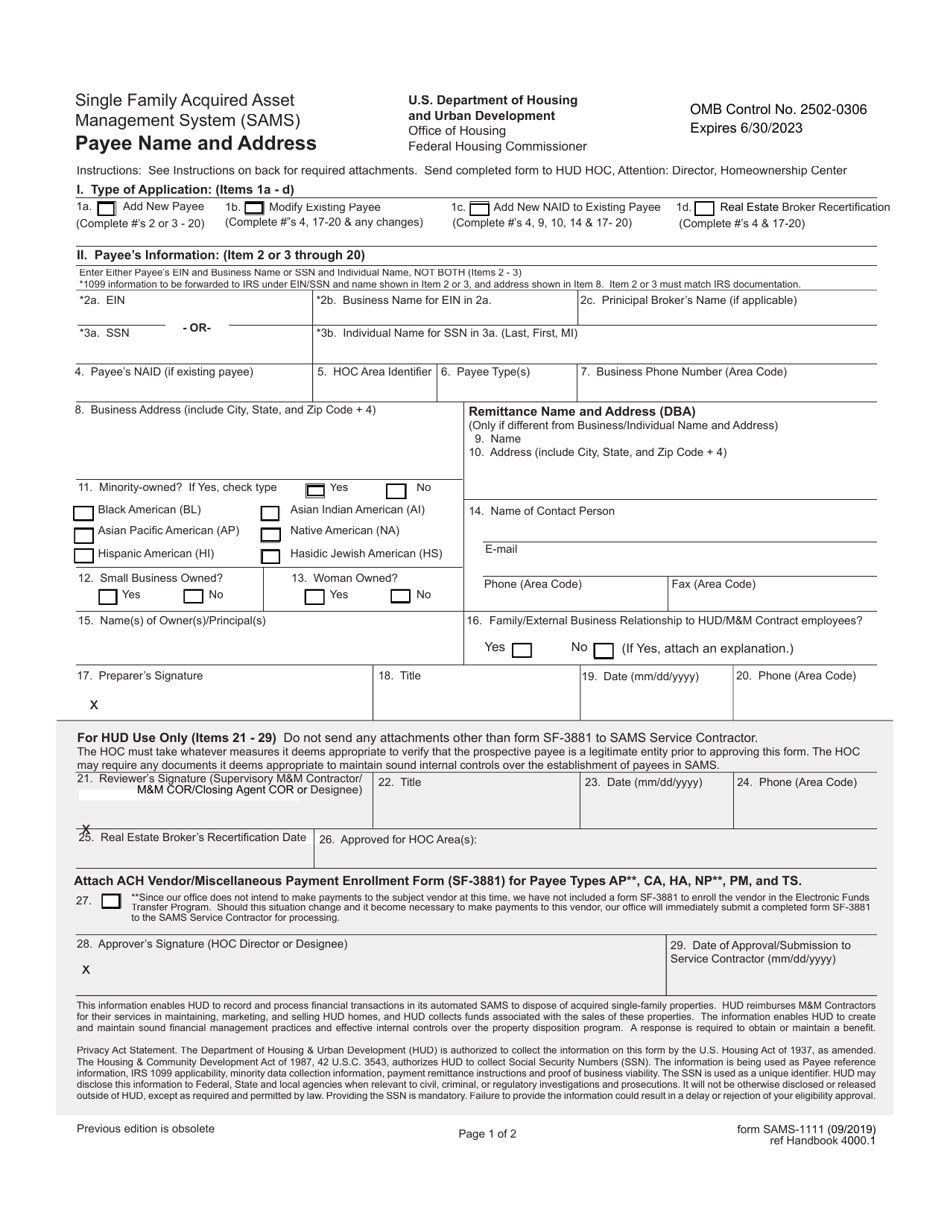 Form SAMS-1111 Payee Name and Address, Page 1