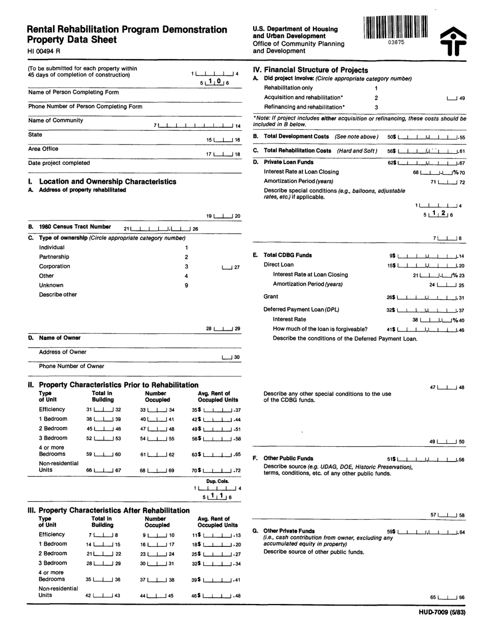 Form HUD-7009 Rental Rehabilitation Program Demonstration Property Data Sheet, Page 1