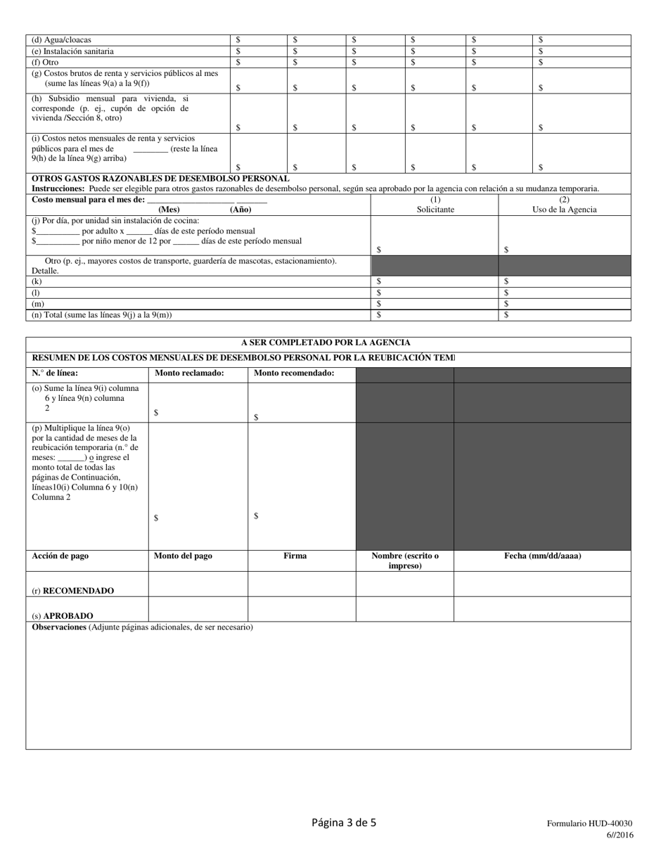 Formulario HUD-40030 Reclamo De Gastos Por Reubicacion Temporaria (Mudanzas Residenciales) (Apendice a, Titulo 49 Del Cfr, Articulo 24.2(A)(9)(II)(D)) (Spanish), Page 3