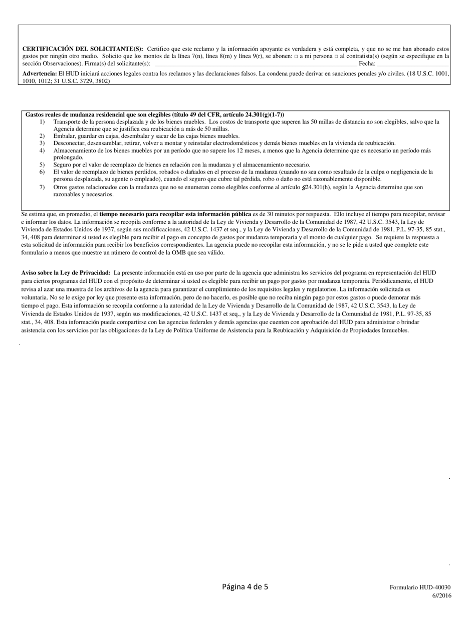 Formulario HUD-40030 Reclamo De Gastos Por Reubicacion Temporaria (Mudanzas Residenciales) (Apendice a, Titulo 49 Del Cfr, Articulo 24.2(A)(9)(II)(D)) (Spanish), Page 4