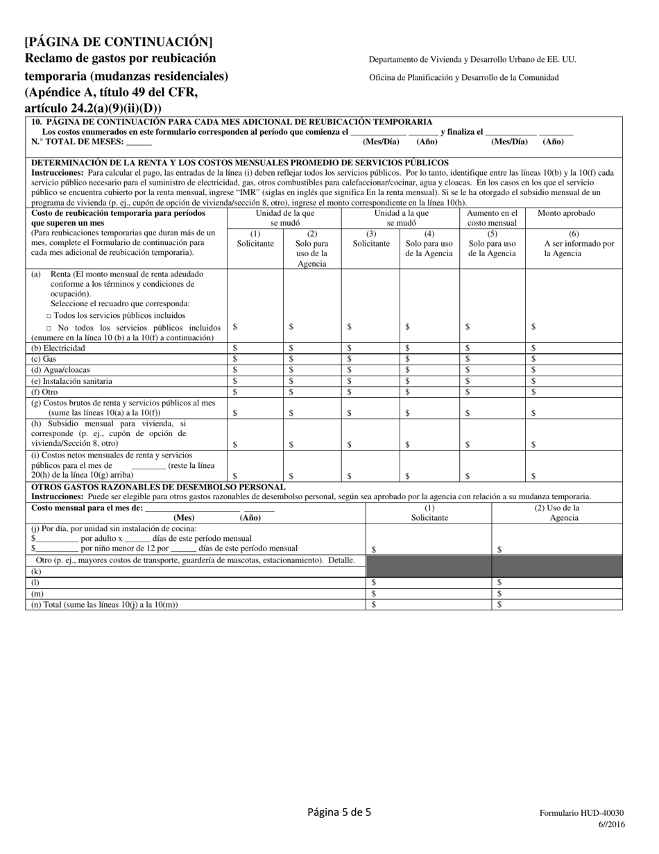 Formulario HUD-40030 Reclamo De Gastos Por Reubicacion Temporaria (Mudanzas Residenciales) (Apendice a, Titulo 49 Del Cfr, Articulo 24.2(A)(9)(II)(D)) (Spanish), Page 5