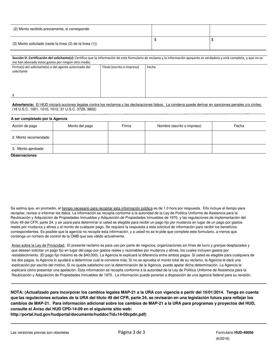 Formulario HUD-40056 Reclamo Por Pago Fijo En Lugar Del Pago Por Gastos Reales Y No Residenciales Por Mudanza Y Afines (Spanish), Page 3