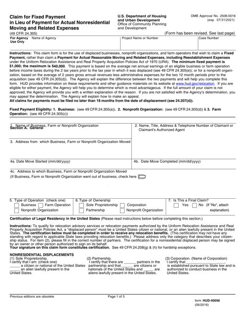 Form HUD-40056 Download Fillable PDF or Fill Online Claim for Fixed ...