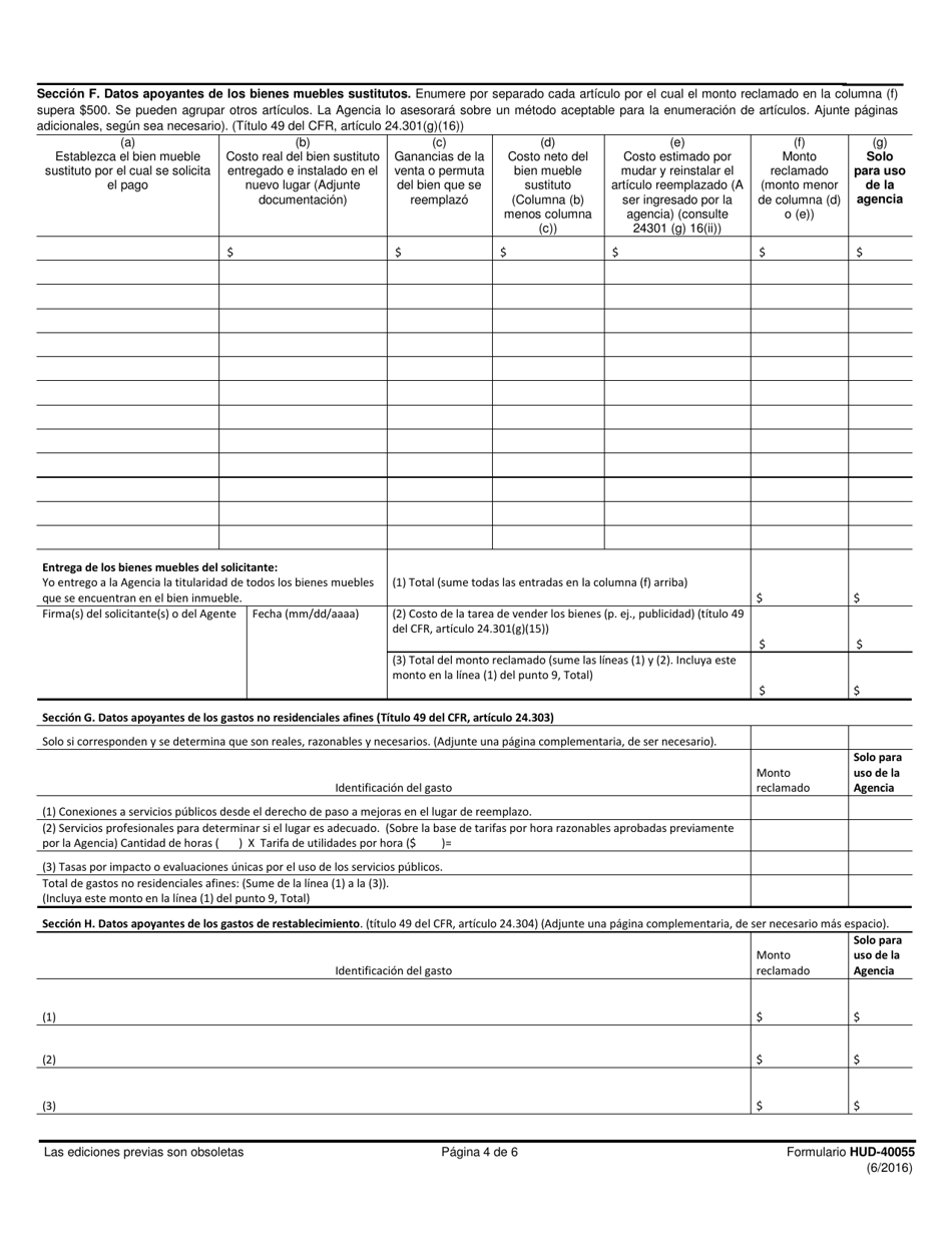 Formulario HUD-40055 Reclamo Por Gastosrealesy Razonables Por Mudanzay Afines - No Residenciales (Spanish), Page 4